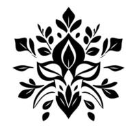 Symmetrical black floral with leaf elements, reminiscent of a mandala or decorative ornament on white background. vector