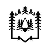 Stylized Black and White Forest Scene with Geometric Frame, Mountain, and Evergreen Trees, Minimalist . vector