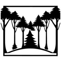 Silhouette of a coniferous forest inside a framed square, featuring tall trees and a gently curved ground, creating a minimalist . vector