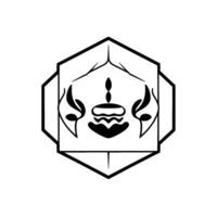 Minimalist Black and White Illustration of a Decorated Cake with a Candle and Foliage within a Geometric Hexagon Frame vector