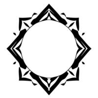 Ornate Black and White Mandala A symmetrical, geometric featuring an outer starlike frame encircling a central, blank white circle. vector