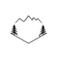 Monochromatic minimalist , showing mountains, fir trees, and a geometric hexagonal frame on a pristine white backdrop, evoking nature and adventure. vector