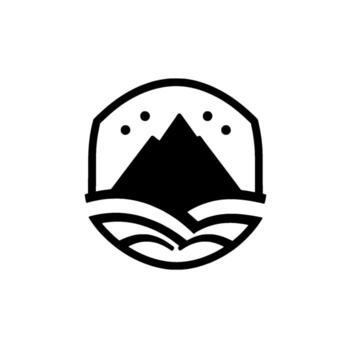 Monochromatic Mountain and Landscape Badge with Night Sky and Abstract Water Element, Set Within an Angular Frame. vector
