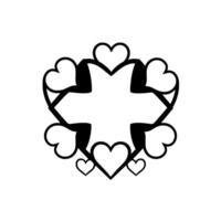 A symmetrical, black and white geometric featuring a heartshaped cross surrounded by multiple hearts, creating a pattern on a plain white background. vector