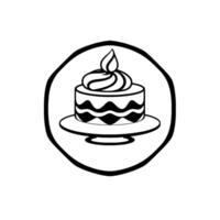 Minimalist Black and White Illustration of a Round Cake with Swirls of Cream, within a Border, on a Cake Stand vector