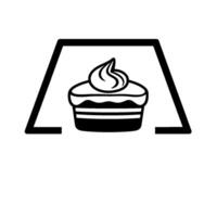 A stark black and white minimalist illustration depicting a cupcake enclosed within a geometric, stylized frame. vector