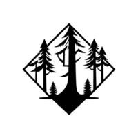 Black and white minimalist illustration stylized forest scene of pine trees within a diamond frame, conveying natures essence. vector
