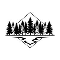 A minimalist black and white of evergreen trees, a stylized river, and a geometric diamond frame, creating a natureinspired or element. vector