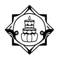 Black and white geometric illustration of a layered cake with a lit candle, enclosed within a starshaped frame with decorative elements. vector
