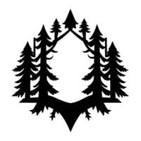 Stylized Black Silhouette of Evergreen Forest Framing an Empty Hexagonal Aperture, Modern on White Background. vector