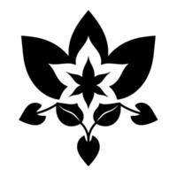 Symmetrical Black and White Floral Motif Stylized, Botanical with Starlike Center and Leafy Elements, Isolated on White. vector