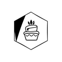 Minimalist Black and White Hexagonal Depicting a Tiered Dessert with Leafy Topping Inside a Geometric Frame. vector
