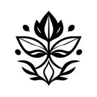 Symmetrical Black and White Floral with Leaf and Orb Accents on White Background Minimalist Art. vector