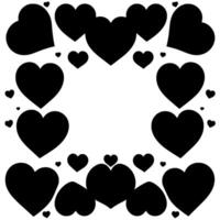 A symmetrical border of varyingsized, solid black hearts arranged on a white background, creating a frame effect with negative space. vector