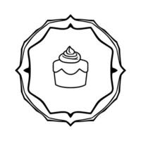 A minimalist black and white illustration of a cupcake topped with swirl icing, framed within an ornate, decorative border on a plain white background. vector