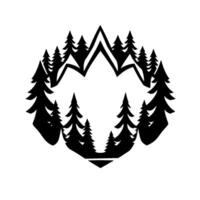 Stylized Black White Emblem Mountain Peaks Form Center, Ringed by Pine Trees, Minimalist on White Background. vector