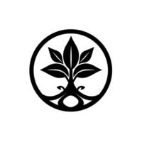 Simple black and white depicting a stylized tree with leaves within a circular frame, evoking nature and growth. vector