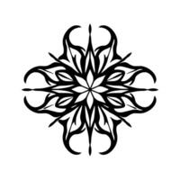 Symmetrical black and white ornamental featuring a stylized floral motif, intricate details, and a tribal aesthetic set against a white backdrop. vector