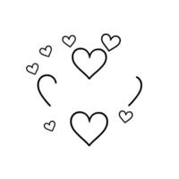Black line art illustration of scattered hearts and curved lines on a white background, creating a sense of affection and connection. vector
