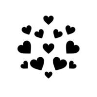 A cluster of black heart silhouettes float against a stark white background, forming an arrangement. vector
