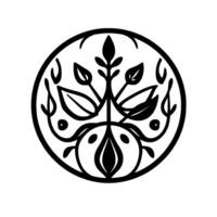 Bold Black White Circular Floral Emblem Depicting Leaves, Fruits, and Branching Vines in a Symmetrical . vector
