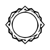 Bold, symmetrical black and white depicting a complex, geometric frame with sharp angles and a central circular void. vector