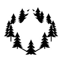 Circular arrangement of silhouetted evergreen trees, creating an abstract, stylized forest ring with a minimalist, aesthetic on white background. vector