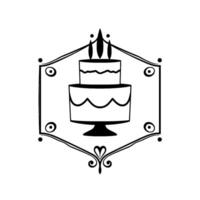 Elegant Black and White TwoTiered Cake with Candles Inside a Decorative ShieldLike Frame, Isolated. vector