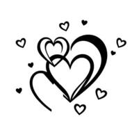 Black and white illustration of overlapping hearts in various sizes, with smaller hearts scattered around, conveying love and romance. vector