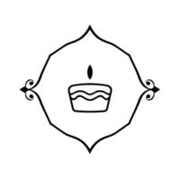 Black and white line art of a birthday cake with a candle, framed by an ornate decorative border, centered on a white background. vector