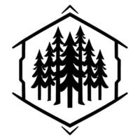 Black and white of evergreen trees nestled within a stylized hexagonal frame, evoking nature and . vector
