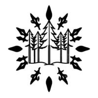 Stylized Forest Silhouette Within a Snowflakelike in Black and White vector