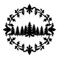 Silhouette of a forest framed by an elaborate floral wreath, showcasing a contrasting black and white aesthetic, highlighting natures simplicity. vector