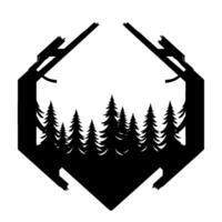 Stylized Silhouette A forest of pine trees framed within a geometric, angular black border, suggesting a badge or emblem . vector