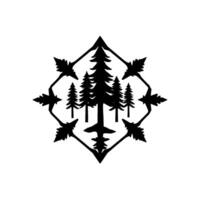 Black and White Geometric Forest Composition Evergreen trees within a diamondshaped frame adorned with leaflike embellishments, minimalist nature art. vector