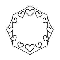 Black and white geometric featuring a decagonal frame adorned with hearts, ideal for a wedding invitation or Valentines day artwork. vector