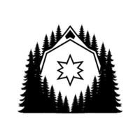 Silhouette of a stylized barn encircled by evergreen trees, showcasing a star emblem within, evoking a rustic, cabinlike aesthetic. vector