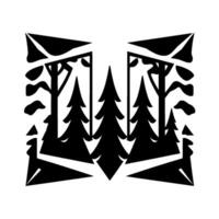Abstract illustration of a minimalist forest scene in black and white, featuring trees, firs, and foliage within a symmetrical composition. vector