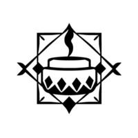 Black and white geometric illustration of a stylized incense burner with smoke, framed by a decorative starburst , minimalist art. vector
