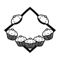 A symmetrical black and white illustration of a diamondframed cupcake ensemble, arranged in a decorative pattern with a minimalist aesthetic. vector