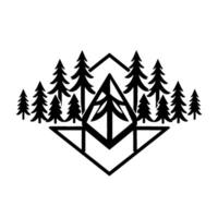 Symmetrical Black and White Geometric Illustration of Evergreen Trees within Interlocking Triangle Shapes, on a Solid White Background. vector