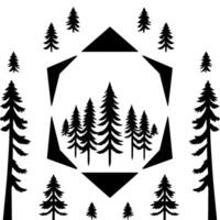Minimalist black and white forest illustration featuring coniferous trees, geometric framing, and isolated tree silhouettes on a white background. vector