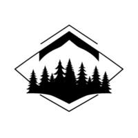 Minimalist Black and White Forest Silhouette Within a Diamond and Mountain Shape, Evoking Adventure and Wilderness. vector