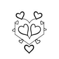 Intricate Black and White Heart Diagram with Intertwined Hearts, Surrounded by Floating Hearts, in a Geometric Frame. vector