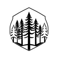 Black and white emblem featuring a stylized forest of evergreen trees within a hexagonal shield, suggestive of nature and adventure. vector