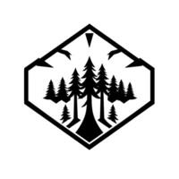 Black and white geometric featuring a stylized forest scene within a hexagon frame, with arrowlike elements. vector