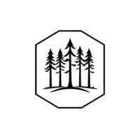 Minimalist Black and White Featuring Silhouette of Evergreen Trees Within a Geometric Hexagon Frame, Nature Emblem. vector