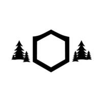 Minimalist black and white featuring a geometric shieldhexagonal shape flanked by stylized evergreen trees. vector