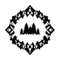 Silhouette pine trees in a diamondshaped ornate black frame against white background, evoking a sense of nature and elegance. vector