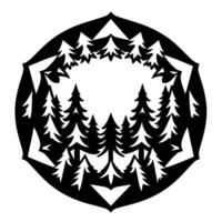 Intricate Black and White Cutout Illustration of Forest Scene Within a Decorative Geometric Frame, Showcasing Nature. vector